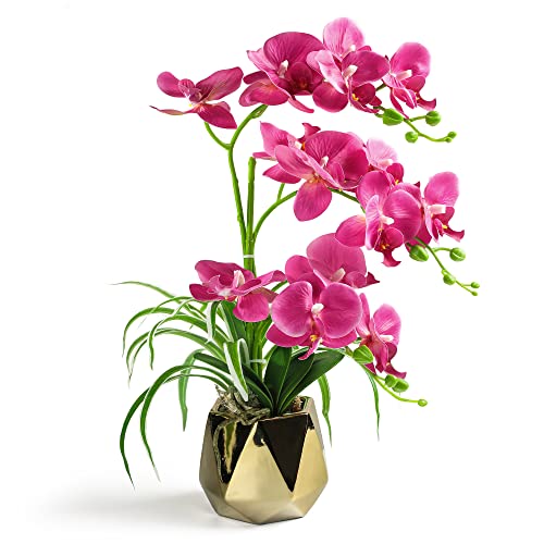 Orchids Artificial Flowers, Fuchsia with Gold Vase | Fake Orchid Plants, In Pot, For Home Decor Indoor - color: Fuchsia-gold