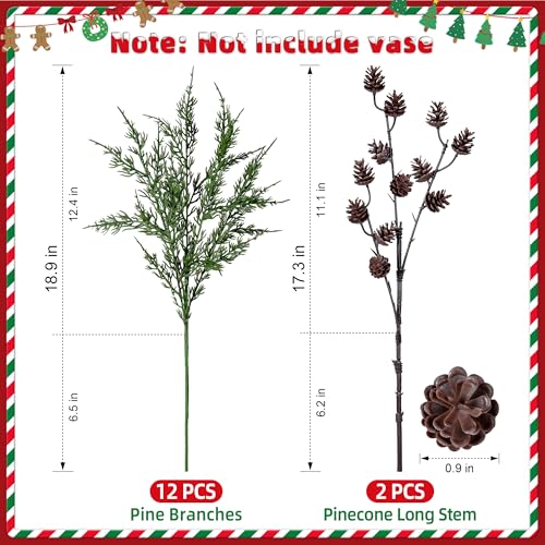 Faux Cedar Stems Artificial Norfolk Pine Branches for Christmas Decor, 12 PCS Fake Pine Stems with 2 PCS Pine Cones Branches Real Touch Realistic Faux Greenery for Vases DIY Garland Xmas Table Indoor - color: 12 Pcs Cedar Stems, 2 Pcs Small Pinecone Stems