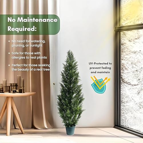 4 Feet Outdoor Artificial Topiary Cedar Tree, Set of 2 UV Resistant Potted Faux Cedar Trees for Outdoors and Indoors, Decorative Fake Shrubs Topiary Trees for Home Living Room Front Door Decor - size: 4 feet