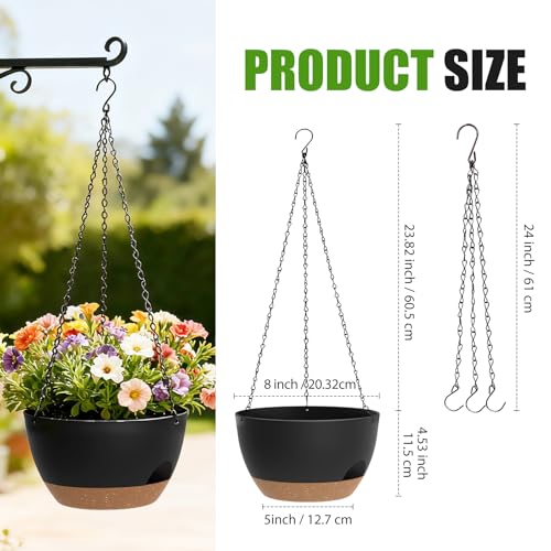 8 Inch Hanging Planters for Indoor Outdoor Plants, 4 Pack Black Brown Plastic Self Watering Hanging Baskets with Drainage Holes and Chain for Garden Porch - color: Black Brown