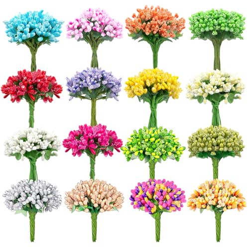 192 Pcs Premium Artificial Flower Stamens for Crafts, 16 Colored Heads Floral Stamens for Flower Making, Tiny Fake Flower Wire Stems for DIY Wedding Bouquets, Scrapbooking, and Plant Embellishment