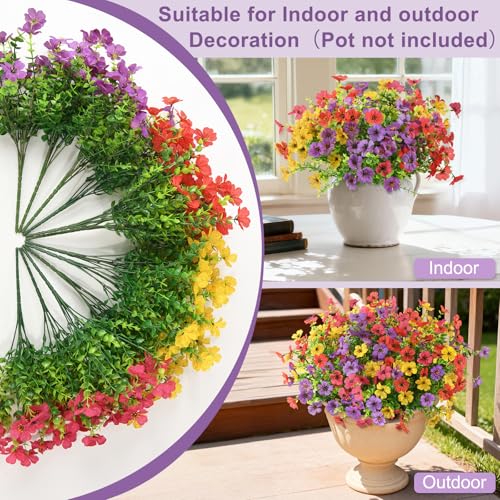 Artificial Flowers Hanging Baskets, 12 Bundles Faux Flower Outdoor Hanging Basket Spring Summer Decoration, Fake Flowers Plants for Porch Patio Balcony Home Yard Decor - color: Light Purple,red,yellow,rose Red