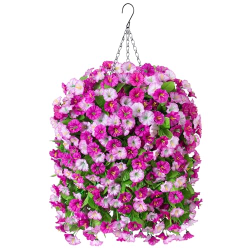 Ammyoo Artificial Fake Hanging Flowers Basket for Spring Decor, Faux Silk Flower in Planter for Summer, Outdoor Artificial Floral for Home Porch Yard(Double Lotus) - color: Double Lotus