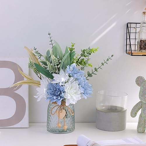 Faux Flowers with Vase,Artificial Silk Flowers in Vase, Fake Plant Eucalyptus and Willow,Flower Arrangement for Home Farmhouse Dining Table Centerpiece Decorations Coffee Table Decor (Dusty Blue) - color: Dusty Blue