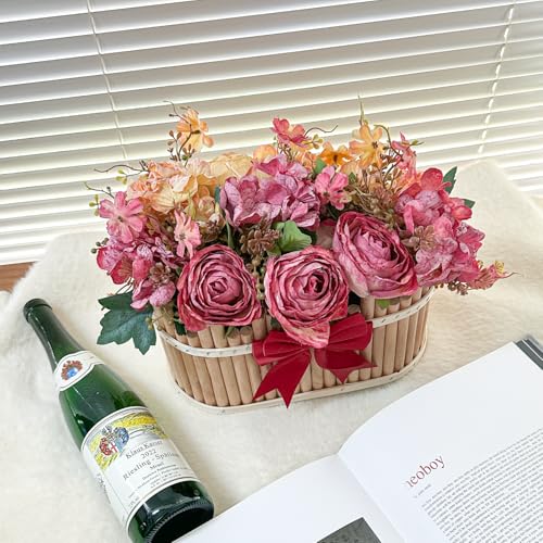 Dining Table Centerpiece Decor - Pre-Made Artificial Flower Arrangement Fake Floral with Wooden Vase for Farmhouse Kitchen Bathroom Living Room Decorations (Orange-Red) - color: Orange-red