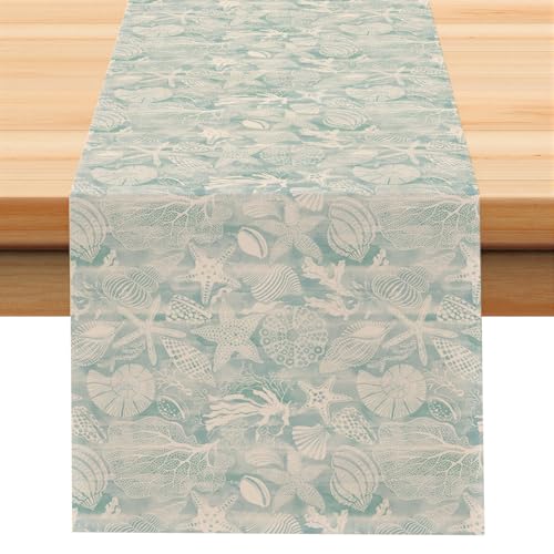 Larponder Summer Ocean Beach Table Runners, 13x108 Inch | Coastal Sea Shell Starfish Table Decoration, for Summer Holiday Kitchen Dinning Coffee Table Home Party Decor - color: Ocean-2, size: 13" x 108" (Rectangular)