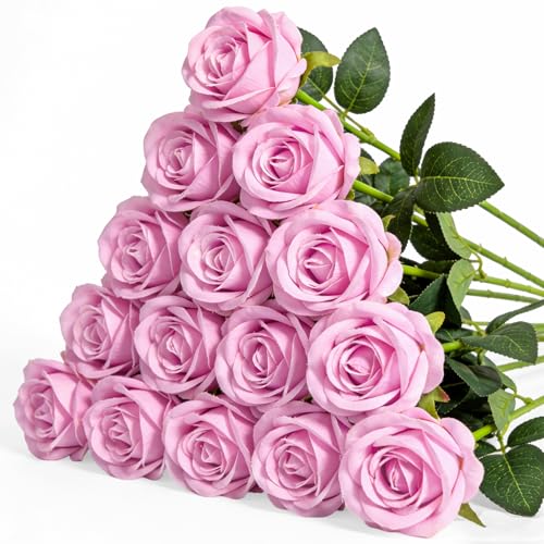 15PCS Artificial Flowers Fake Roses, Silk Artificial Pink Roses with Stems Realistic Bouquets for Wedding Centerpiece Valentines Day Decorations Home Decor Party Crafts DIY - color: Pink