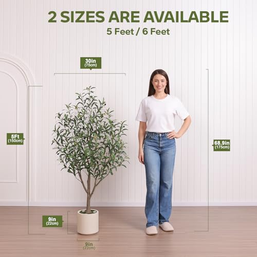 Verinatural Olive Trees Artificial Indoor 5FT - Realistic Fake Plants with Remote LED Spotlights, White Planter - Faux Olive Tree for Home Living Room Office Floor Bedroom Decor,VN214 - size: 5ft