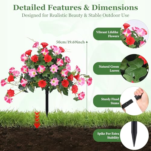 Elyum 2 Pack Artificial Flowers Topiary Ball Trees for Outdoors, 19.7" Lifelike Morning Glory Fake Bushes Plants, UV Resistant Fake Plants Faux Shrubs with Ground Spike for Porch Garden Decor (Red) - color: Mixed Red