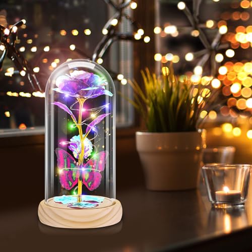 Otlonpe Preserved Artificial Rose Flower Lamp, Forever Women Gifts for Birthday Christmas Valentines Mothers Day, 7.7'' Glass Rose Wood Base Butterfly, Gifts for Mom Grandma Daughter Wife Girlfriend - color: Wood Purple