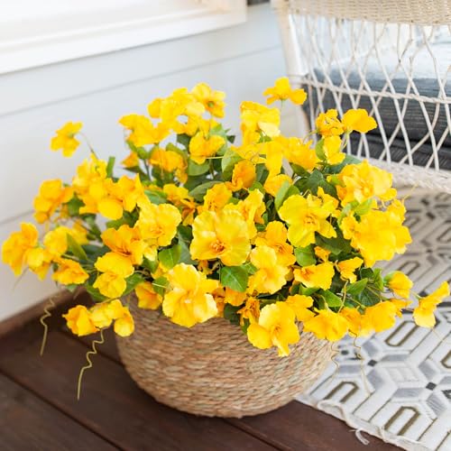 Fake Hibiscus Artificial Flowers for Outdoors Spring Summer Decoration, 6 Bundles Silk Yellow Hibiscus Flowers Bouquet UV Resistant Look Real Faux Plants for Outside Planter Front Door Porch Balcony - color: Yellow