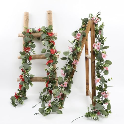 2Pack Eucalyptus Flower Garland with Violet 5.9Ft Artificial Ivy Greenery Hanging Vine Fake Ivy Floral Plants Garland for Wedding Outdoor Garden Party Background Table Runner, Total 11.8Ft, Red - color: Red Violet