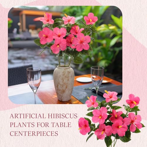 Hotop 3 Pack Artificial Hibiscus Flowers 33"x13" Silk & Plastic Tropical Bouquets Lifelike Blooms with Bendable Stems Faux Hawaiian Flowers for Home Living Room Wedding Patio (Rose Red) - color: Rose Red