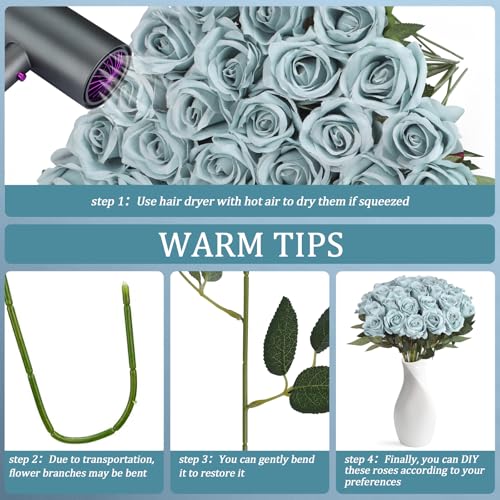 30pcs Fake Roses Artificial Silk Flowers Long Stems Bouquet for Wedding Bridal Shower Party Home Decoration (Dusty Blue) - color: Dusty Blue