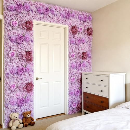 Zythrem Purple Flower Wall Backdrop 12-Pack Rose Wall Panels 15×15 Inch Silk Flower Wedding Backdrop 3D Artificial Floral Backdrop for Birthday Party Home Event Photography Background - color: Purple