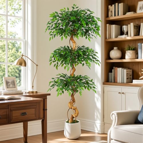 6FT Artificial Ficus Tree, 72in Fake Silk Tree with Natural Curved Trunk & 1860 Lush Leaves, Floor Faux Plant with White Pot, Low Maintenance Decor for Home, Office, Patio - color: Ficus Tree 6ft