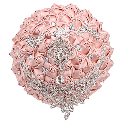 XINNI Handmade Bridal Wedding Bouquet Bride Bridesmaid Satin Rose Flower Bouquet with Drop-Shaped Rhinestone Wedding Decoration Champagne Pink - color: Champagne Pink