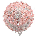 XINNI Handmade Bridal Wedding Bouquet Bride Bridesmaid Satin Rose Flower Bouquet with Drop-Shaped Rhinestone Wedding Decoration Champagne Pink - color: Champagne Pink
