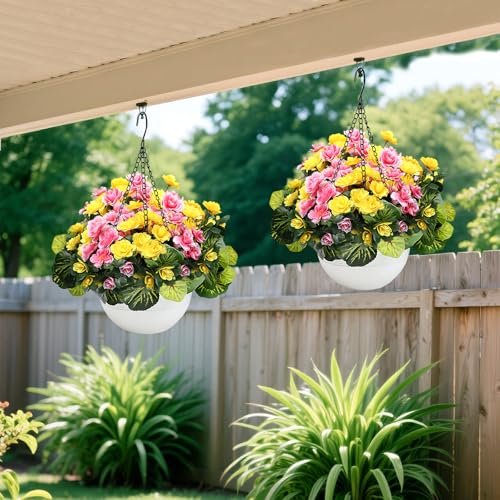 Set of 2 Artificial Flowers with Hanging Baskets, Pre-Assembled Silk Fake Flower Large Look Real UV Resistant for Outdoor Indoor Balcony Garden Porch Yard Home Decor, Yellow Pink - color: Yellow Pink