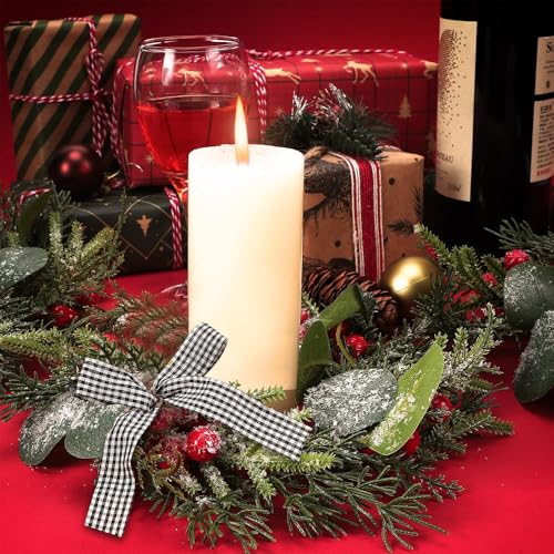 Christmas Candle Ring Xmas Small Wreath Green Leaves Berries Bow Candle Holder 9.06” for Tables Centerpieces Home Kitchen Farmhouse Decor Gift - color: Christmas