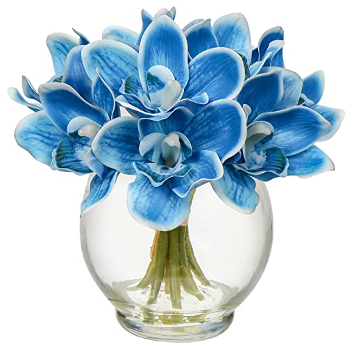 DILATATA Faux Flowers in Vase 9.3" Cymbidium Orchid Flowers Arrangement with Faux Water Real Touch Flowers for Wedding Table Centerpiece Home Decor, Blue - color: Cymbidium-blue