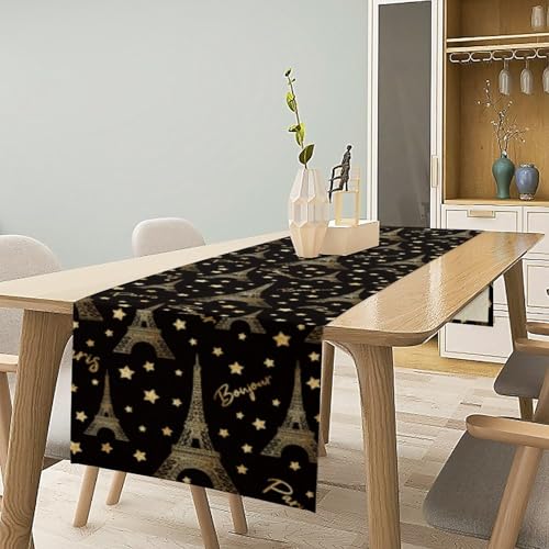 Golden Paris Eiffel Tower Table Runner,Black Golden Eiffel Tower Dinner Runner for Farmhouse Kitchen Dining Table Holiday Party Decoration 13 x 36 Inch - color: Eiffel Tower_1, size: 13x36inch