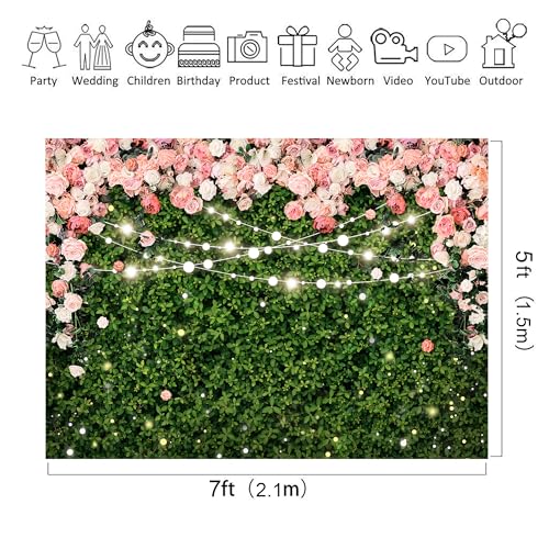 Riyidecor Flower Wall Backdrop 7Wx5H Feet Polyester Fabric Pink Rose Floral Blossom Green Leaves Plant Spring Nature Birthday Women Girls Photography Background Wedding Photo Studio Shoot - color: A-Green, size: 7Wx5H