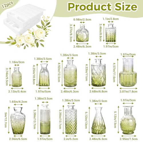 Babenest 12pcs Green Small Bud Vase Set, Mini Gradient Glass Flower Vases in Bulk, Decorations Vintage Little Vase for Rustic Wedding Party Home Office Recepetion Centerpieces Table Decor - color: Green, size: 12pcs