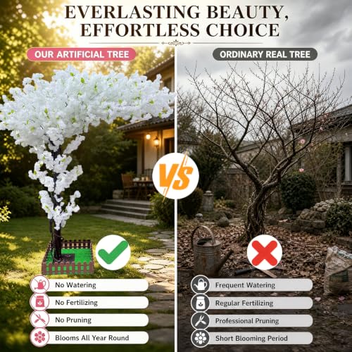 Artificial Cherry Blossom Trees Large,Faux Cherry Blossom Tree Artificial,Fake Cherry Blossom Handmade Tree Indoor Outdoor for Wedding Party Restaurant Park Living Room (White, 6ft 0in) - color: White, size: 5ft 11in