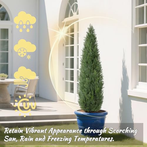 Artificial Cedar Trees for Outdoor 4 FT, 2 Set Outdoor Faux Cedar Bushes Topiary UV Protection and Lush Fake Cypress Shrubs for Front Door Porch Patio Garden Balcony Fence Outside Decoration - color: Deep Green, size: 4 FT