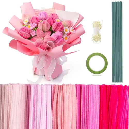 Peryiter 371 Pcs Pipe Cleaners Flowers Kit, Pipe Cleaners Chenille Stems Bulk with Floral Wire Gardening Tape Stamen, Fluffy Limpiapipas para Flores for DIY Mother's Day Decor(Pink) - color: Pink