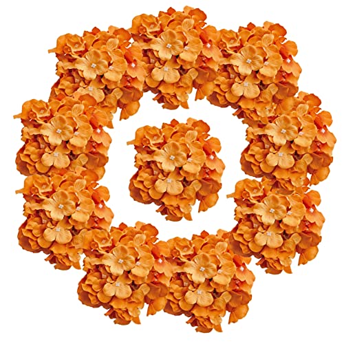 ONLY ART Orange Silk Hydrangea Flower Heads 10 Pcs with Removable Stems 12.5" Faux Flowers for Home, Wedding & Event Décor