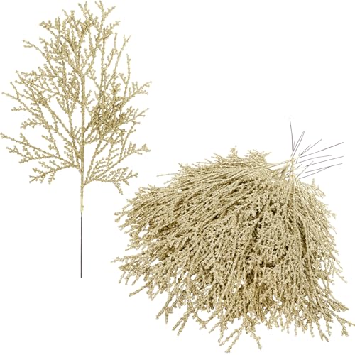 Winlyn 15 Pcs Christmas Artificial Cedar Sprays Champagne Glittered Faux Cedar Branches Stems Christmas Tree Ornament Picks 14.4" for Christmas Tree Wreath Wedding Bouquet Holiday Centerpiece - color: Champagne