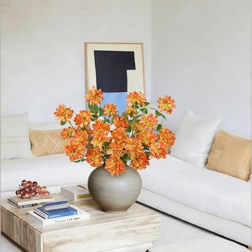 5 Pcs 27" Artificial Silk Flowers for Vase, Realistic Faux Floral Arrangement with Long Stems, Fake Rosa Banksiae Flower DIY for Wedding Centerpiece, Home Party Indoor Vase Decor - Orange - color: Orange Yellow