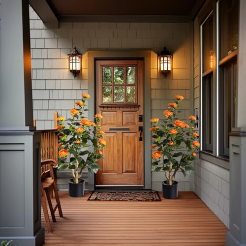 Romantic Season 2Pack Artificial Camellia Tree 3FT, Orange Faux Camellia Plant Fake Potted Camellia Flower Tree Plastic Camellia Tree for Modern Home Office Living Room Floor Décor Indoor - color: Orange, size: 3FT