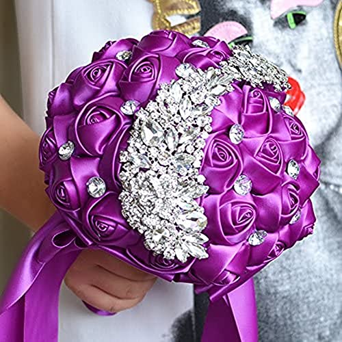 XINNI Handmade Bridal Wedding Bouquet Bride Bridesmaid Satin Rose Flower Bouquet with Meteor Shower Shape Rhinestone Wedding Decoration Purple - color: Purple