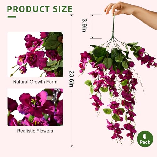 Hibiscus Artificial Hanging Flowers Plants for Outdoors 4 Pcs Fake Flower Faux Silk Hibiscus Long Trailing Vines Realistic Flower for Outside Front Door Porch Patio Balcony Garden Yard (4 Pcs Fuchsia) - color: 4 Pcs Fuchsia
