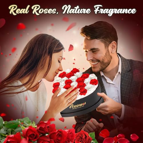 ADDWel Romantic Preserved Roses Bouquet for Her Anniversary, Birthday Flower Gifts for Women, 27-Pieces Eternal Roses with Natural Fragrance in Heart-Shape Box for Wife Girlfriend Mom - color: Red & White - 27 Roses