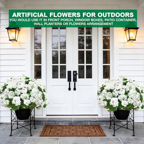 TURNMEON Artificial Geraniums Flowers for Outdoors Summer Decoration, 4 Bundles Fake Flowers Silk White Flowers UV Resistant No Fade Faux Plants for Planter Gardens Table Porch Indoor Cemetery Decor - color: White