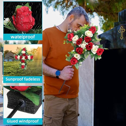 Artificial Cemetery Flowers,Set of 2 Faux Floral Cross,Artificial Rose Bouquet Decoration for Cemetery Headstones Gravesites,Silk Flowers for Long-Lasting Remembrance (red) - color: Red