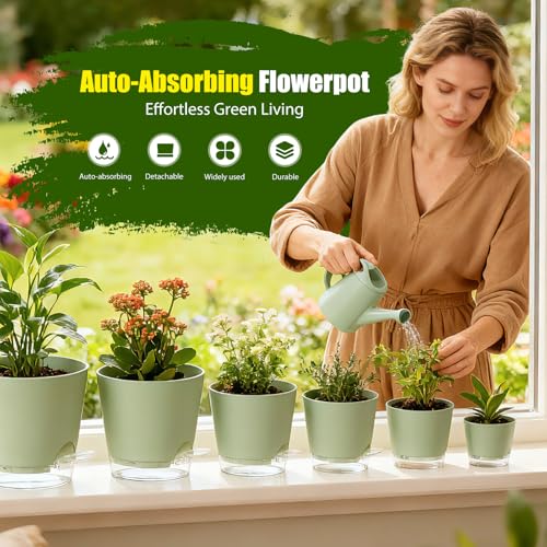 Plant Pots 4/5/5.5/6/6.5/7 Inch Self Watering Pots, 6 Pack Plastic Planters with Drainage Holes and Clear Saucers,Plastic Flower Pots,Nursery Planting Pot for Indoor Out Door Plants (Green) - color: Green, size: 4/5/5.5/6/6.5/7 inch