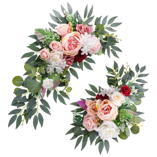 2 Pcs Wedding Arch Decorations - Reusable Artificial Hanging Flowers Floral Swag Greenery Garland for Wedding Welcome Sign Backdrop Bridal Ceremony Reception Backdrop Decoration - color: Bean Paste