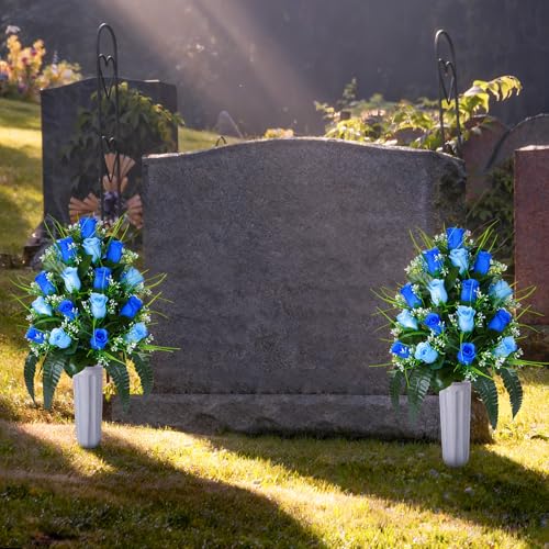 XONOR 2 Sets Artificial Cemetery Flowers, Grave Decorations Roses, Memorial Flowers Bouquet with Vase for Grave Cemetery Decoration (Dark Blue&Light Blue) - color: Dark Blue&light Blue