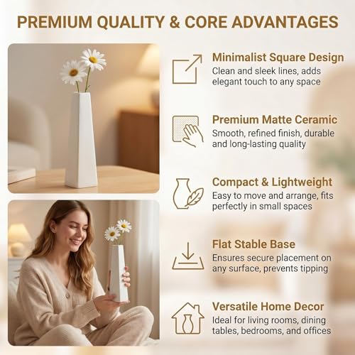 7.08 Inch Ceramic Bud Vase, Tall Square Single Stem Flower Vase, Modern Decor Floral Centerpiece for Wedding Table Office Home Shelf White - color: White