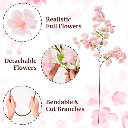YOUNGLEAVES 3 Pcs Cherry Blossom Branches,40 inch Realistic Artificial Flowers Long Stem Spring Decorations for Tall Vase Home Wedding, Party Table Centerpiece Floral Arrangements Decor (Pink) - color: Pink