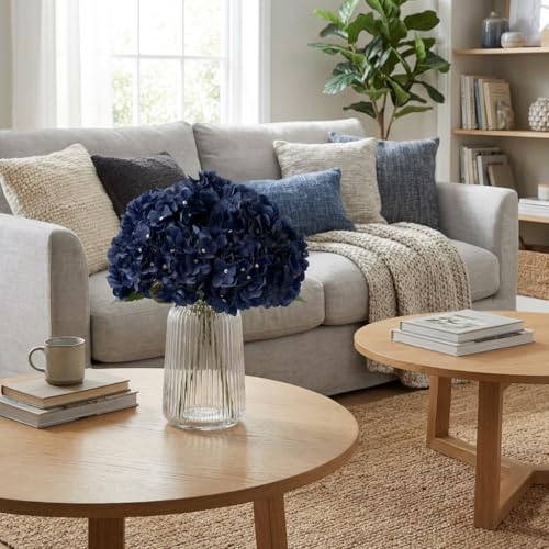 2Bouquets Artificial Fake Flowers Silk Hydrangea Arrangements Wedding Bouquets Decorations Plastic Floral Home Kitchen Garden Party Festival Bar DIY (Navy Blue) - color: Navy Blue