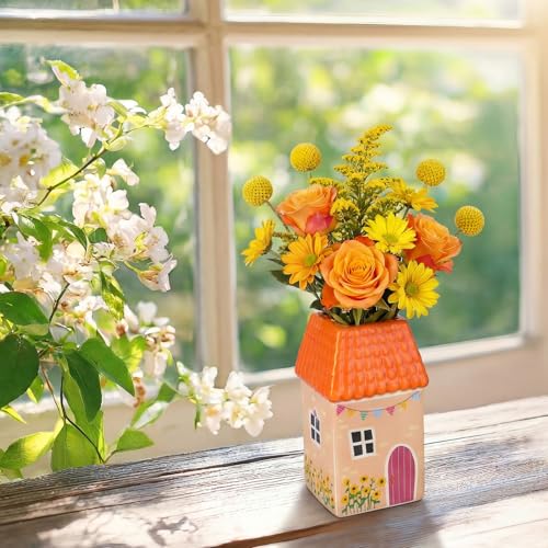Remerry Ceramic House Shape Vase 2.4 x 3.8 Inch Mini Handmade Vase Decorative Small Flower Container for Living Room Bedroom Farmhouse Home Table Decor Cute Birthday Gift (Orange) - color: Orange