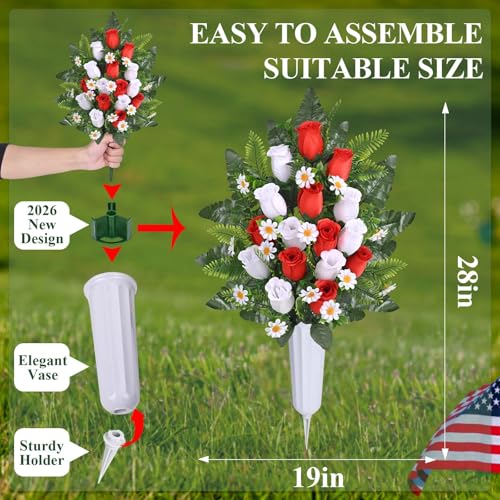 Dolicer 2 Sets Artificial Cemetery Flowers for Grave, Realistic Grave Flowers Memorial Flower UV Resistant Silk Rose Flower with Vase for Cemetery Decorations (Red, White) - color: Red, White, size: Flowers in Vase