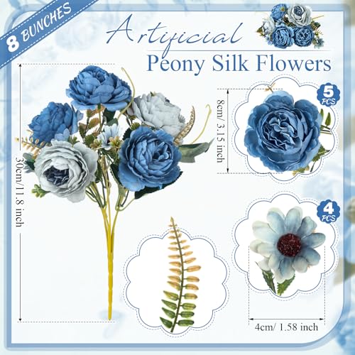 8 Pcs Artificial Peony Silk Flowers Fake Peonies Vintage Wedding Bouquets Faux Flowers for Bride Wedding Home Birthday Arrangement Table Decoration