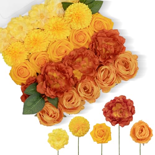 TINGE TIME Artificial Flowers Combo Set, Gradient Color Flower Leaf with Stems for DIY Wedding Bouquets Centerpieces Baby Shower Party Home Decorations(Yellow & Tangerine Orange) - color: Yellow & Tangerine Orange